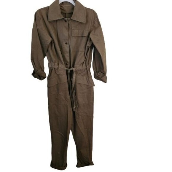 Olive Brown Snap Closure Tie Waist Coveralls Size S - Picture 1 of 7